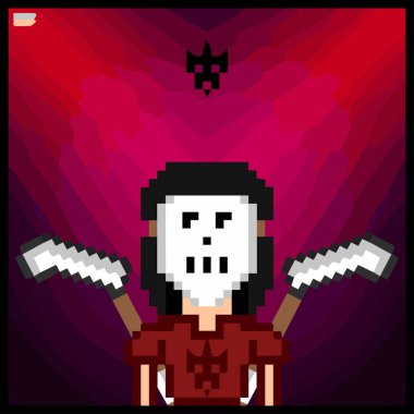 Piksel vektör sanatında renk dolu bir arkaplan kullanarak çizgi film karakteri. Vektör illüstrasyonu