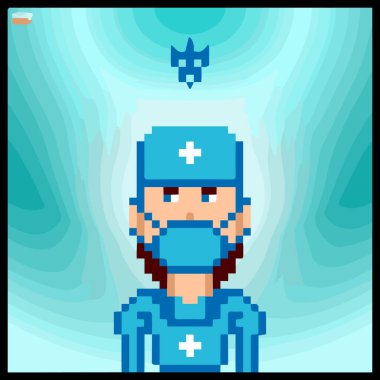 Piksel vektör sanatında renk dolu bir arkaplan kullanarak çizgi film karakteri. Vektör illüstrasyonu