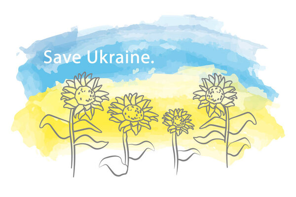 sunflowers on the background of the flag of ukraine save ukraine vector watercolor. Vector illustration