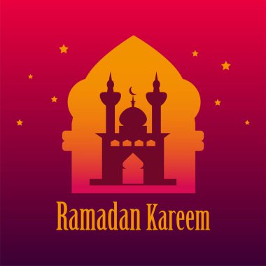 Uğurlu gökyüzü arkaplanlı Arapça temalı kırmızı Ramazan ayini. Vektör illüstrasyonu