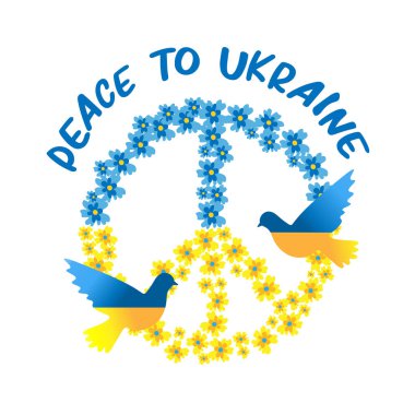 Ukrayna 'da barış için mavi ve sarı renklerde barış işareti ve barış güvercinleri. Vektör illüstrasyonu