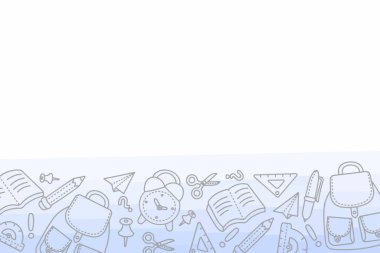 Okul saatleri ve okul malzemelerinin portfolyosuyla birlikte okula geri döndü. Vektör illüstrasyonu