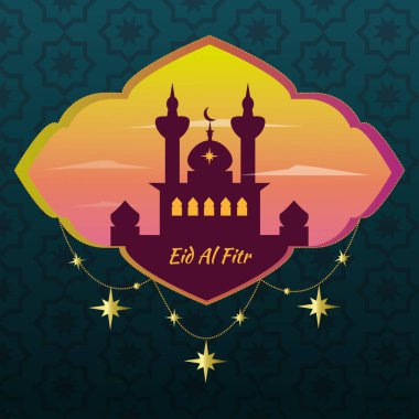 Arap arkaplanının arka planında gökyüzüne karşı duran Arap desenine ve üzerinde Kurban Bayramı tabelası ve yıldızlı bir çelenk bulunan bulutlara karşı. Vektör illüstrasyonu