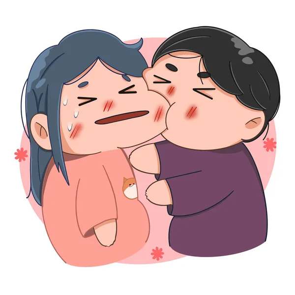 Couple Love Guy Bites Girl Cheek Smacks Her Vector Illustration — Vetor de Stock