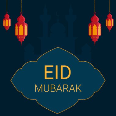 Arap fenerleri, EID MUBARAK yazıtları için şekillendirilmiş bir yeri olan bir Arap binasının arka planına karşı. Vektör illüstrasyonu