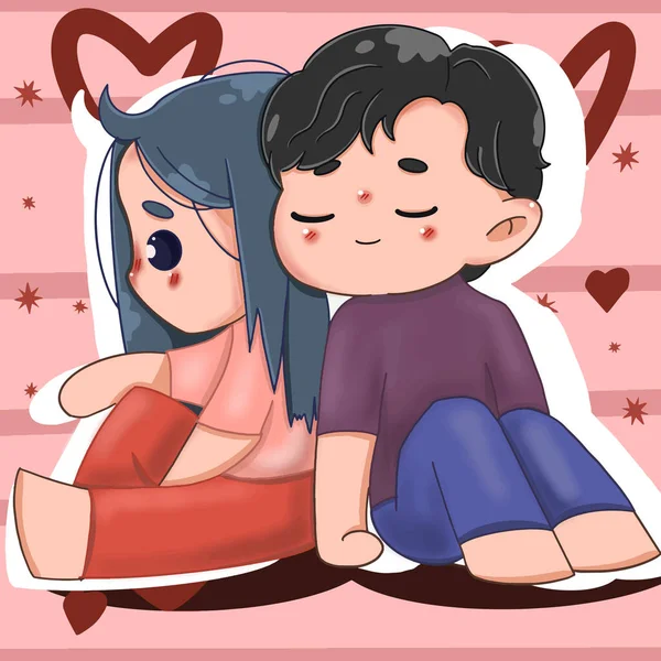 Couple Love Sitting Resting Background Hearts Anime Vector Illustration — стоковый вектор