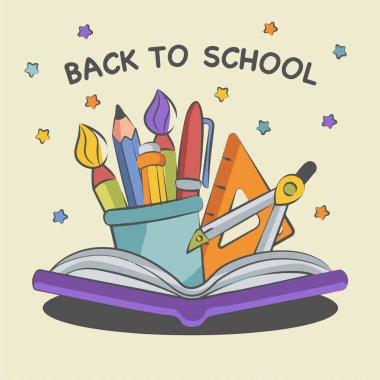 back to school background composition from a book of pens pencils and a compass. Vector illustration