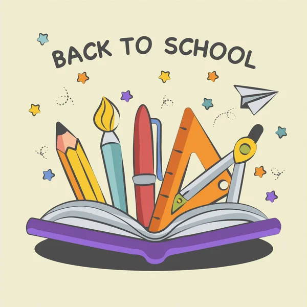 Background Back School Composition Book Pencil Brush Vector Illustration — Vettoriale Stock