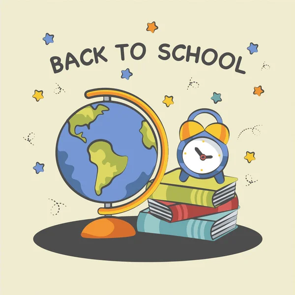Back School Background Composition Globe Books Alarm Clock Vector Illustration — Vettoriale Stock