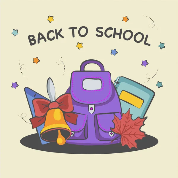 Background Back School Composition Backpack Bell Notebook Vector Illustration —  Vetores de Stock