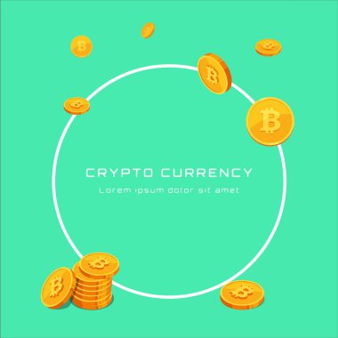 inscription cryptocurrency in a round frame and bitcoin coins in isometric style. Vector illustration