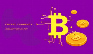 cryptocurrency inscription with bitcoin coins in isometric style and bitcoin sign with microchip elements. Vector illustration