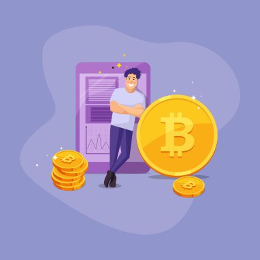 the guy leaned on a bitcoin coin in the background a tablet with infographics on the screen and shining stacks of bitcoin coins. Vector illustration