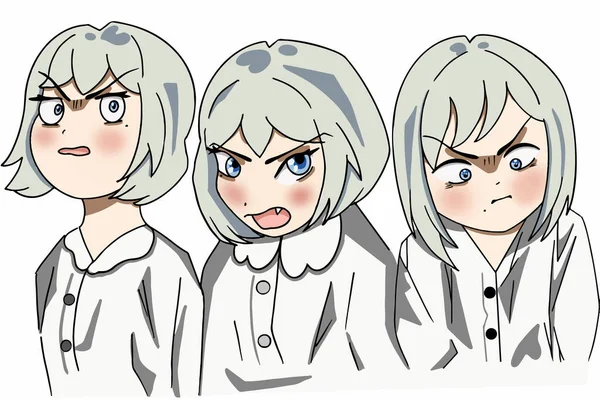 Anime Style Girl Different Emotions White Shirt Vector Illustration — Vetor de Stock