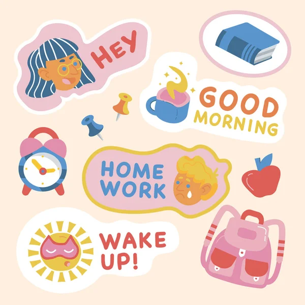Back at school beautiful childrens stickers for studying. Vector illustration