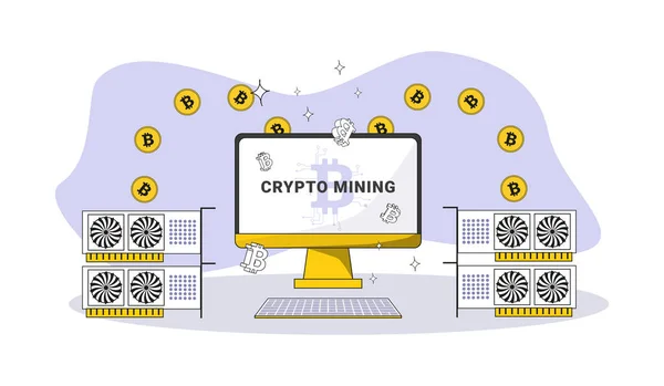 Desktop Graphic Cards Mining Process Cryptocurrencies Bitcoin Coins Bitcoin Symbols —  Vetores de Stock