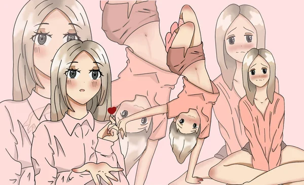 Collage Cute Beautiful Girl Pink Shades Anime Illustration Vector Illustration — Stok Vektör