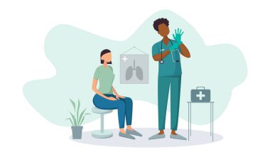the doctor puts on gloves with the patient next to the wall a poster depicting the lungs a girl patient sits on a stool next to a flower in a pot. Vector illustration