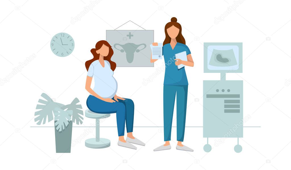 a pregnant patient sits on an examination, the doctor gives her the results of an ultrasound analysis, a poster with the pelvic organ on the wall. Vector illustration