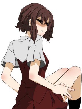 Anime girl sits in a half turn and poses for the camera on her skirt. Vector illustration