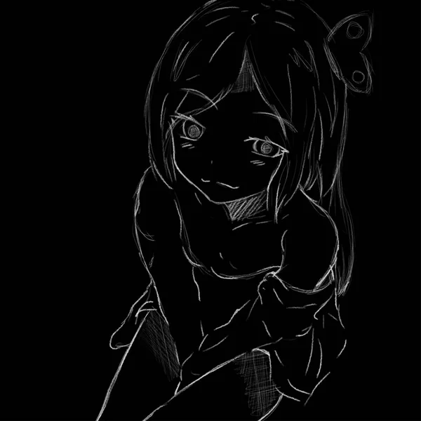 Anime Κορίτσι Ποζάρουν Στην Κάμερα Ζωγραφισμένα Ένα Λευκό Μολύβι Σκούρο — Διανυσματικό Αρχείο