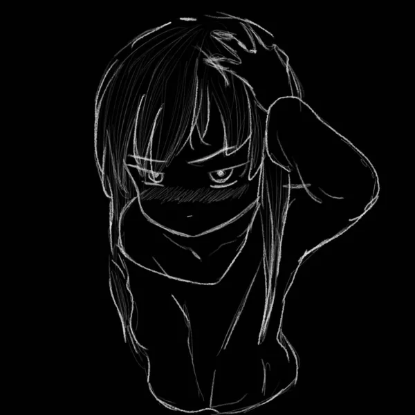 Anime Girl Posing Camera Drawn White Pencil Dark Background Vector — ストックベクタ