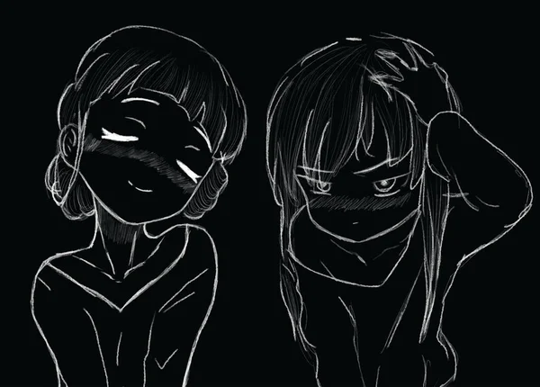 Anime Girl Posing Camera Drawn White Pencil Dark Background Vector — 스톡 벡터
