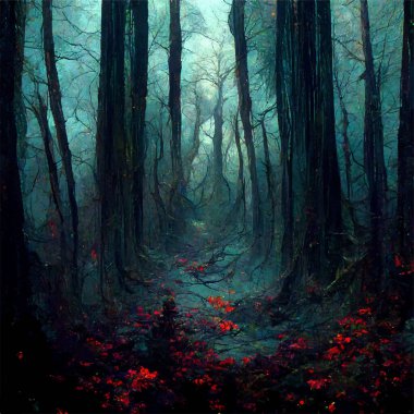 Dark fairy forest with scary trees and red flowers in the foreground. Vector illustration