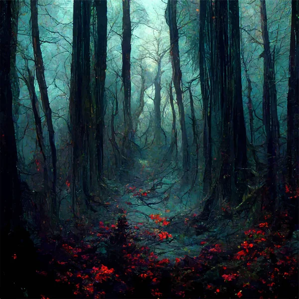 Dark fairy forest with scary trees and red flowers in the foreground. Vector illustration