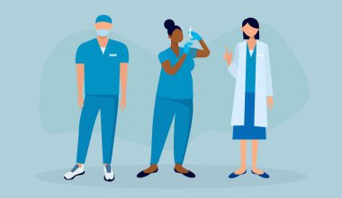 A medical team of three stands with different accessories for doctors. Vector illustration