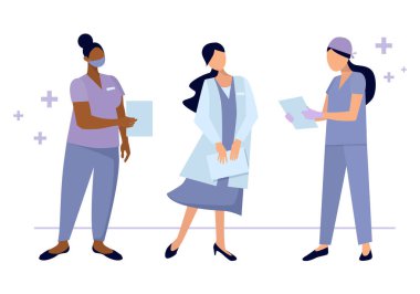 cartoon collection of female paramedics stand in hospital. Vector illustration