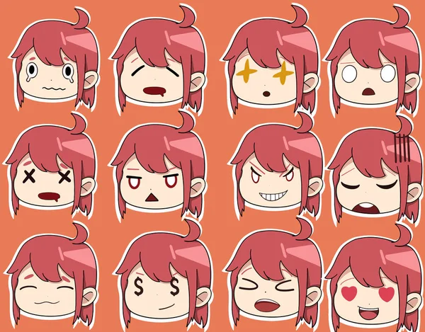 Anime Sticker Girl Face Different Emotions Her Face Red Hair — Vetor de Stock