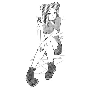 A girl drawn with a pencil sits in long boots and thinks. Vector illustration