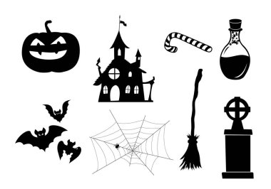 halloween pumpkin bats house candy bottle grave broom. Vector illustration