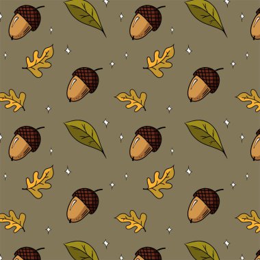 autumn pattern acorns and leaves in a dark background. Vector illustration