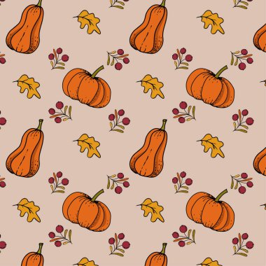 autumn pattern with pumpkin leaves and twigs with berries. Vector illustration