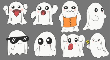 Pack of Halloween ghosts in various scary poses. Vector illustration