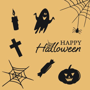 inscription happy halloween pumpkin cross candy cobweb candle and ghost. Vector illustration