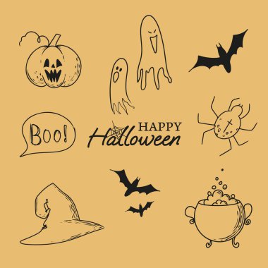 text happy halloween witch cauldron and hat ghost bats poisonous spider the word Boo and scary pumpkin. Vector illustration