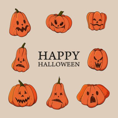 jack o lantern collection and lettering happy halloween. Vector illustration