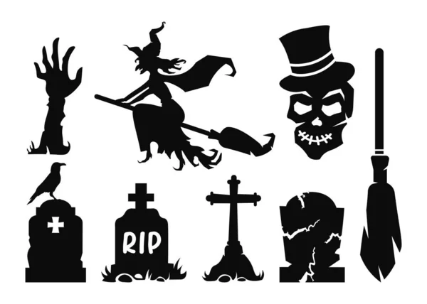 Collection Silhouettes Halloween Graveyard Witch Broomstick Vector Illustration — 스톡 벡터