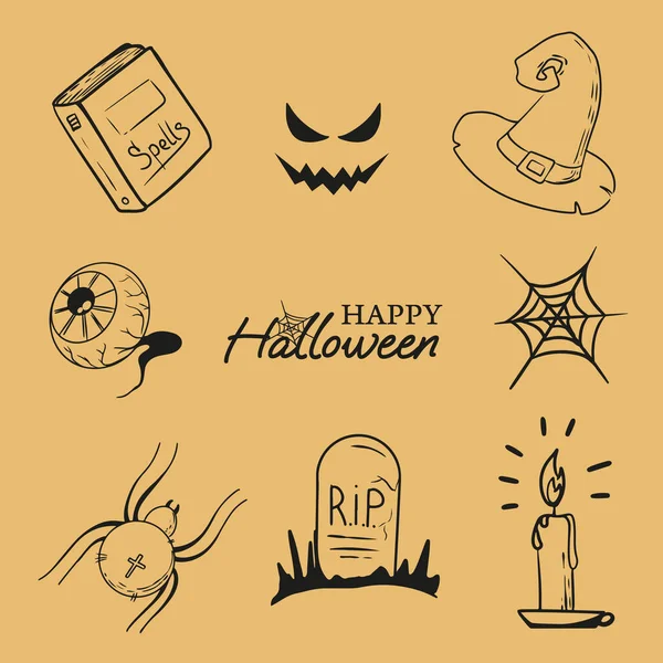 Happy Halloween Lettering Scary Face Cobweb Witch Hat Grave Poisonous — 图库矢量图片