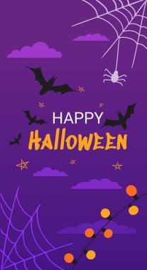 text Happy Halloween on the background of the night cloudy starry sky with bats cobwebs and garland. Vector illustration