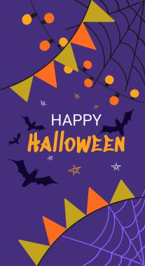 text Happy Halloween on the background of the night cloudy starry sky with bats cobwebs with lamp and flag garlands. Vector illustration