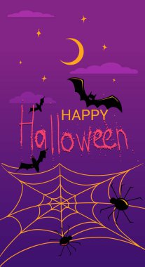 text Happy Halloween on the background of the night starry sky with clouds bats and cobwebs with spiders. Vector illustration