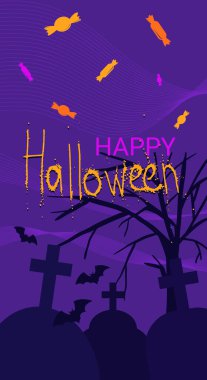 Happy Halloween text on night graveyard background with bats and candies. Vector illustration