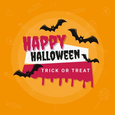 Mutlu Cadılar Bayramı ve şeker mi şeker mi mesajı at ve şeker arka planında yarasalar olsun. Vektör illüstrasyonu