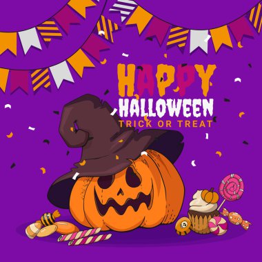 Cadılar Bayramı 'nız kutlu olsun ve bayrak çelenklerini cadı şapkası ve şekeri içinde balkabağına çevirin. Vektör illüstrasyonu