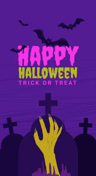 Text Šťastný Halloween Koledovat Pozadí Noční Oblohy Netopýry Hřbitov Ruka — Stockový vektor