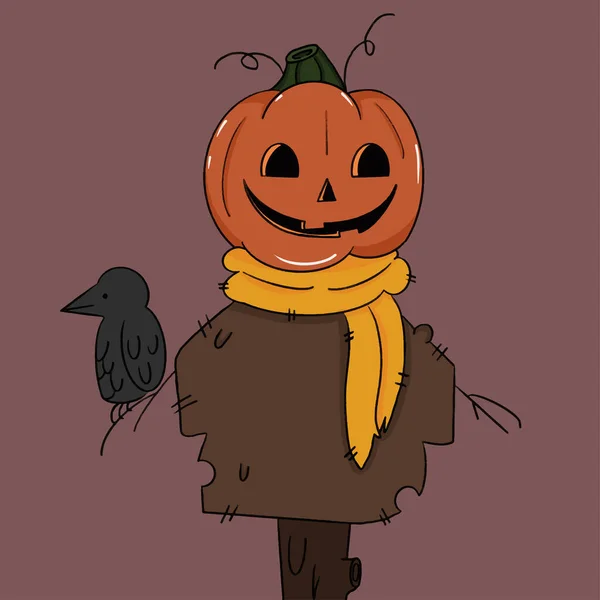 Helloween Pumpkin Scarecrow Holding Crow Illustration Vector Vector Illustration — Stock Vector